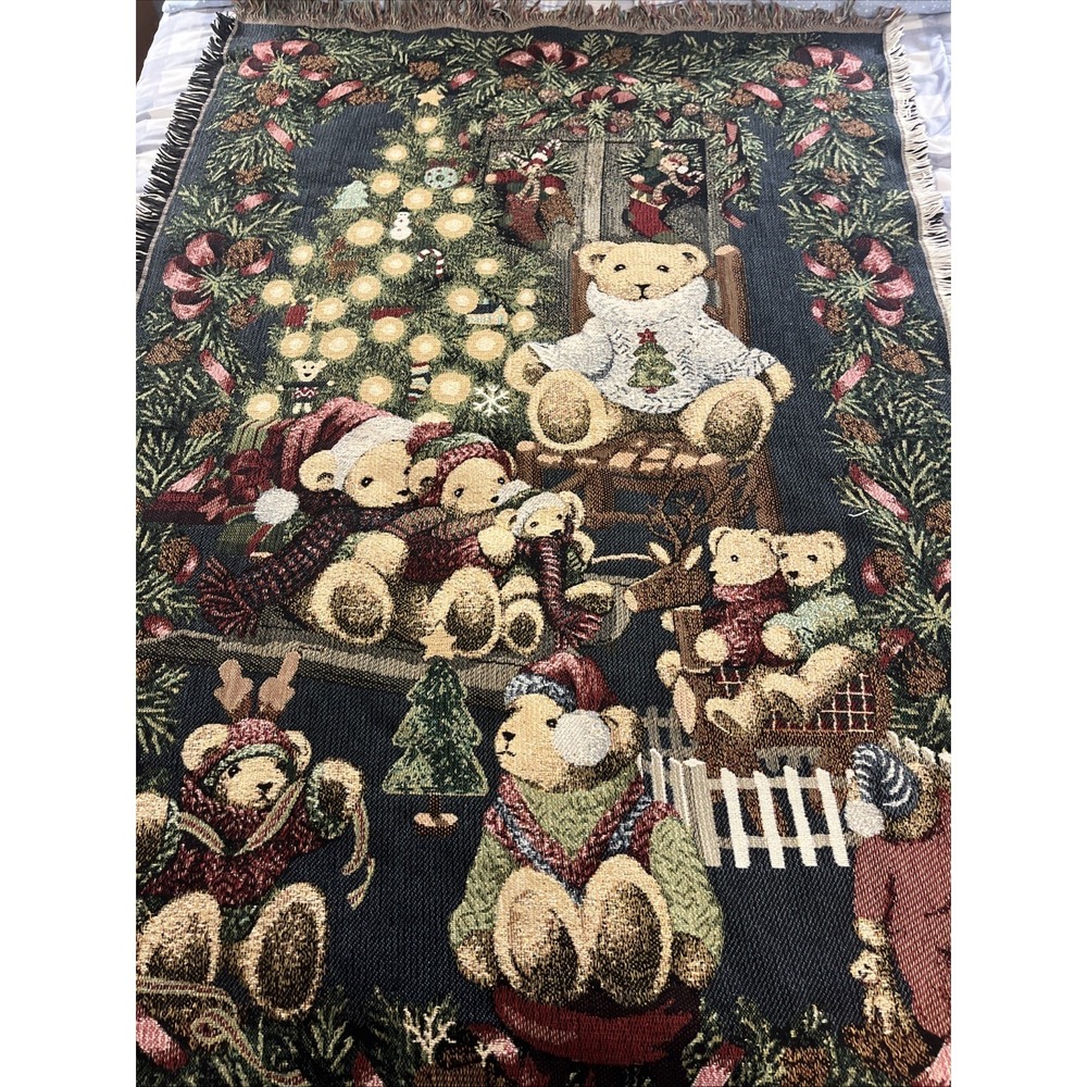 Vtg Hallmark Goodwin Weavers Christmas Tree Blanket 100% Cotton Teddy Bears